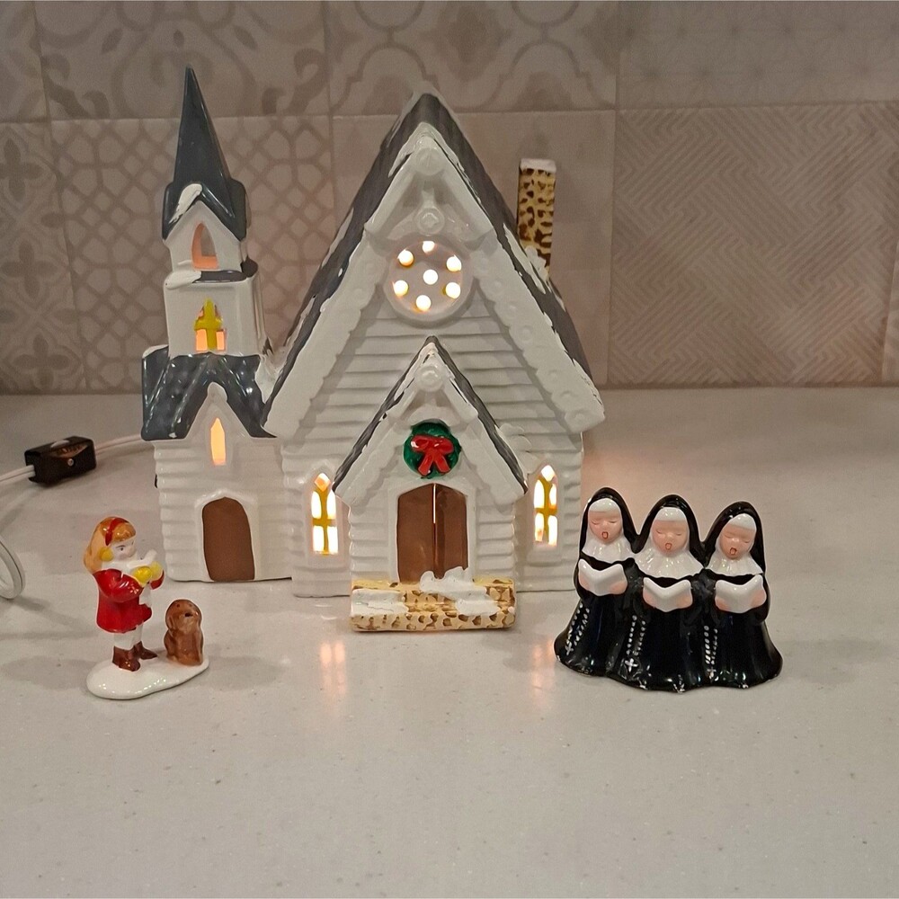 Department 56 Original Snow Village Lighted Church Nuns Carolers Figurines 1986